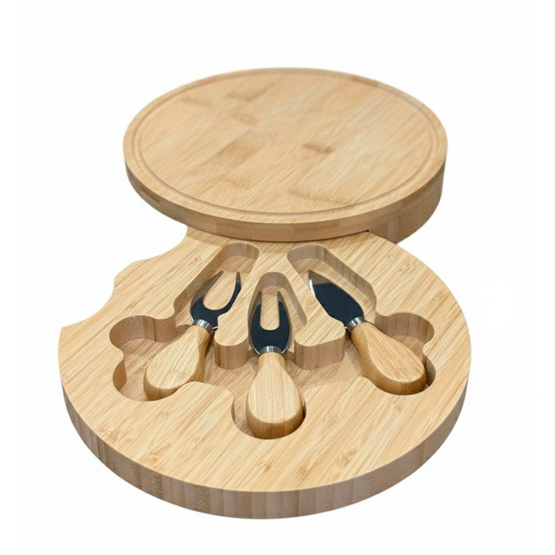 Tabla Redonda de Bambú para Quesos con 3 Herramientas de Acero Inoxidable