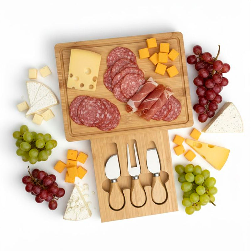 Tabla Rectangular de Bambú para Quesos con 3 Herramientas de Acero Inoxidable
