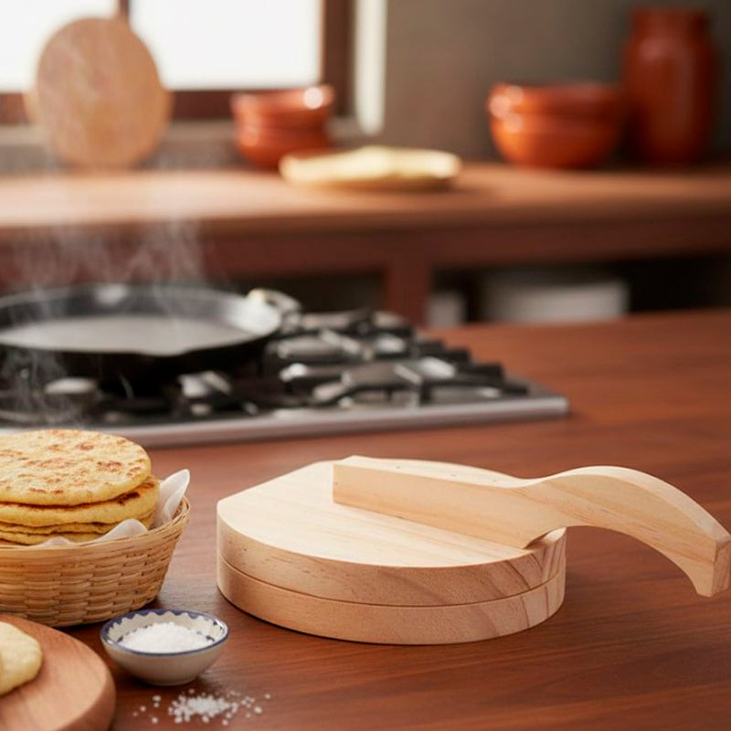 Prensa de Tortilla de Madera Natural Redonda con Asa
