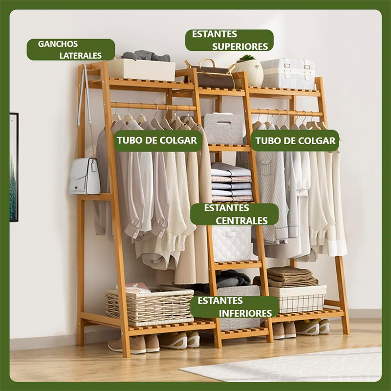 Perchero Organizador Grande De Madera Colgador Ropa Bambú
