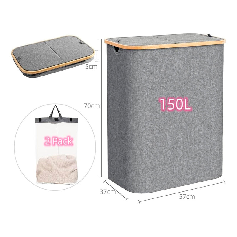 Cesto Doble Ropa Sucia con Tapa Plegable Canasto Bambú Rectangular