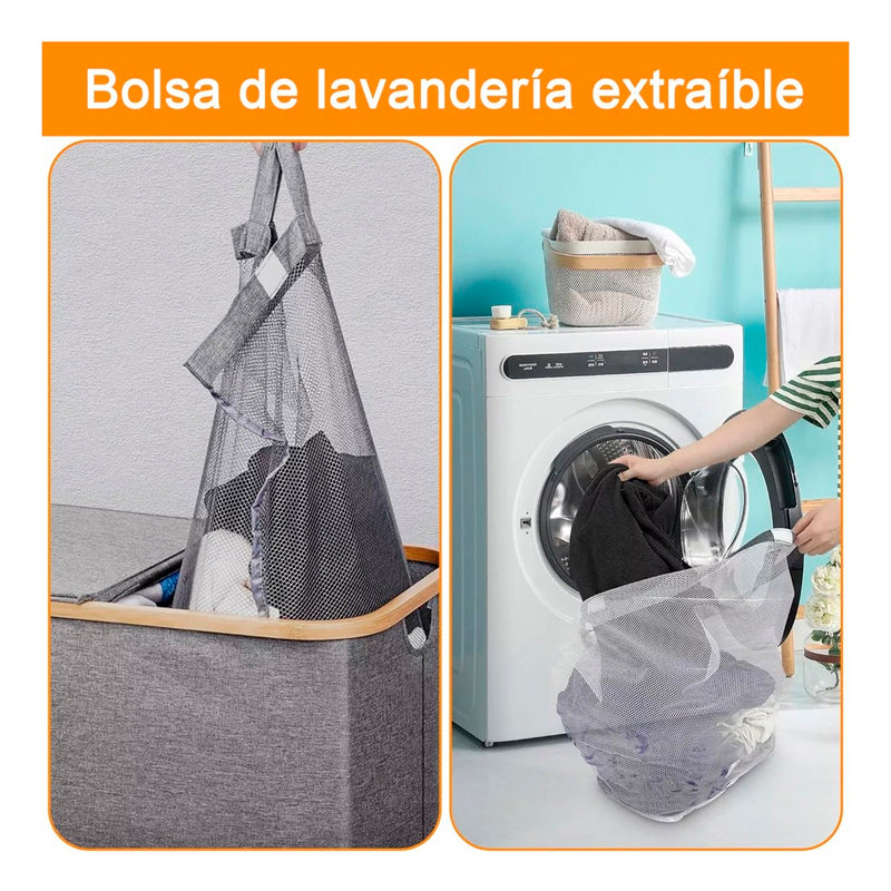 Cesto Doble Ropa Sucia con Tapa Plegable Canasto Bambú Rectangular