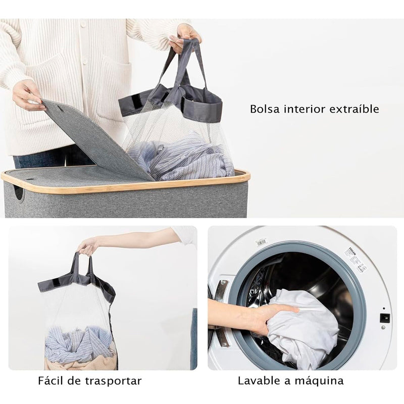Cesto Doble Ropa Sucia con Tapa Plegable Canasto Bambú Rectangular