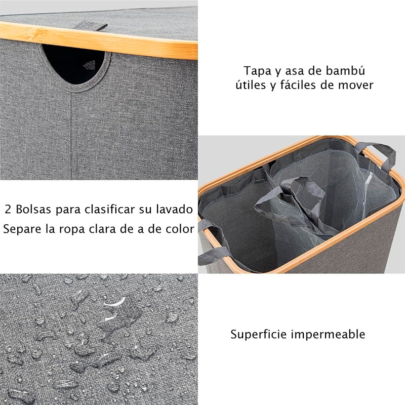 Cesto Doble Ropa Sucia con Tapa Plegable Canasto Bambú Rectangular