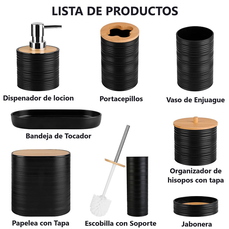 Set De 8 Accesorios Para Baño Con Tapa De Bambu Papelera Wc