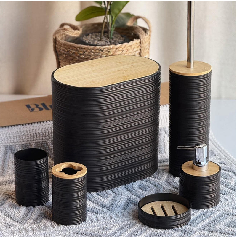 Set De 8 Accesorios Para Baño Con Tapa De Bambu Papelera Wc