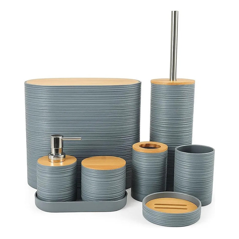 Set De 8 Accesorios Para Baño Con Tapa De Bambu Papelera Wc