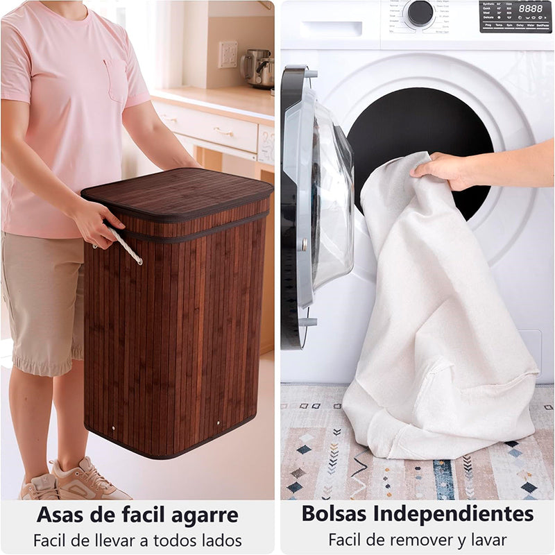 Canasto De Bambú Cesto De Ropa Sucia Pleglable Con Tapa Marrón Oscuro
