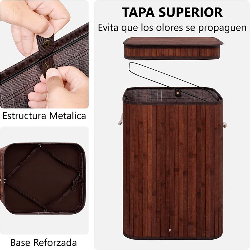 Canasto De Bambú Cesto De Ropa Sucia Pleglable Con Tapa Marrón Oscuro