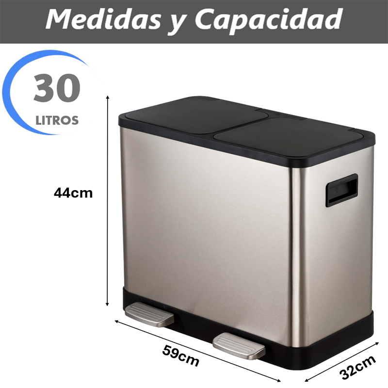 Cubo De Basura Doble Contenedor De Acero Inoxidable 30 Litros Basurero Hogar Plateado
