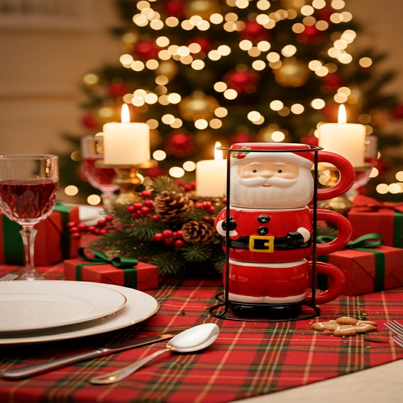 Set 3 Tazas De Cafe Mug De Viejito Pascuero Adorno Navidad Rojo