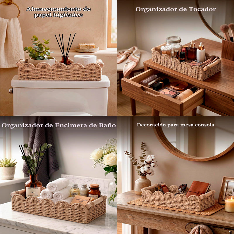 Canasto Tejido Organizador De Baño Con Asas De Madera