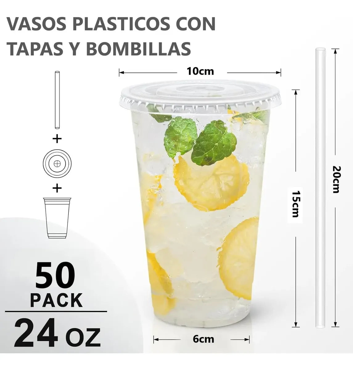 50 Vasos Desechable Plástico Con Tapa Y Bombillas 24 Onzas Transparente