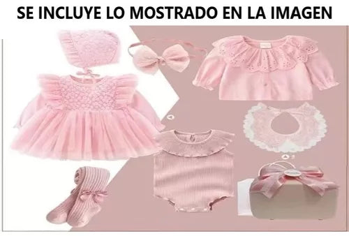Vestido Bautizo Con Encaje Para Niña Conjunto 7 Piezas Bebe