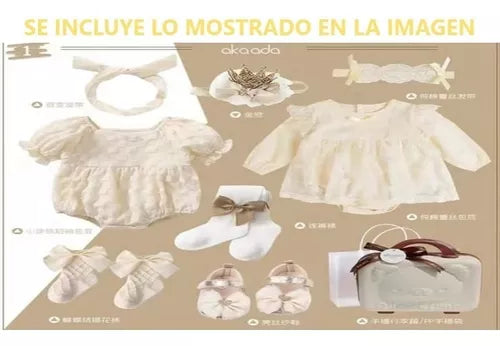 Vestido Bautizo Niña Con Encaje Conjunto 8 Piezas Para Bebe