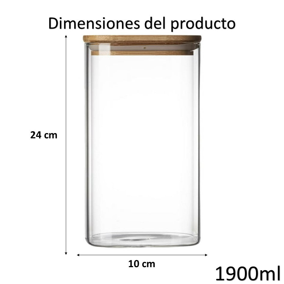 Tarro de Almacenamiento Hermético Recipiente de Vidrio Tapa de Bambú Contenedor de Alimentos 1900ml