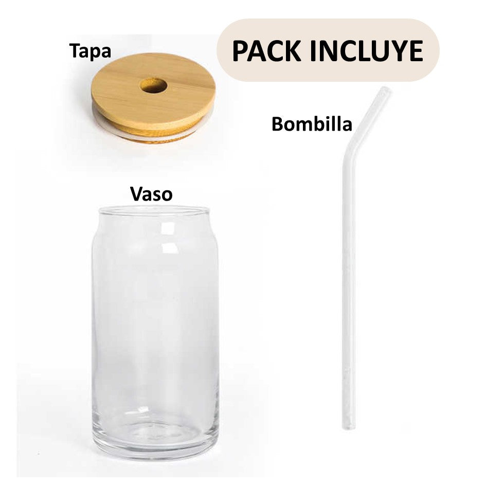 Vaso Lata de Vidrio con Tapa de Bambú y Bombilla 350ml Unidad