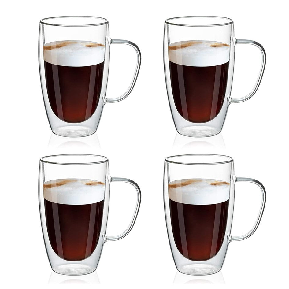 Set de 4 Tazas de Café Mug Vidrio de Doble Pared de 16 Onzas con Asa Meway