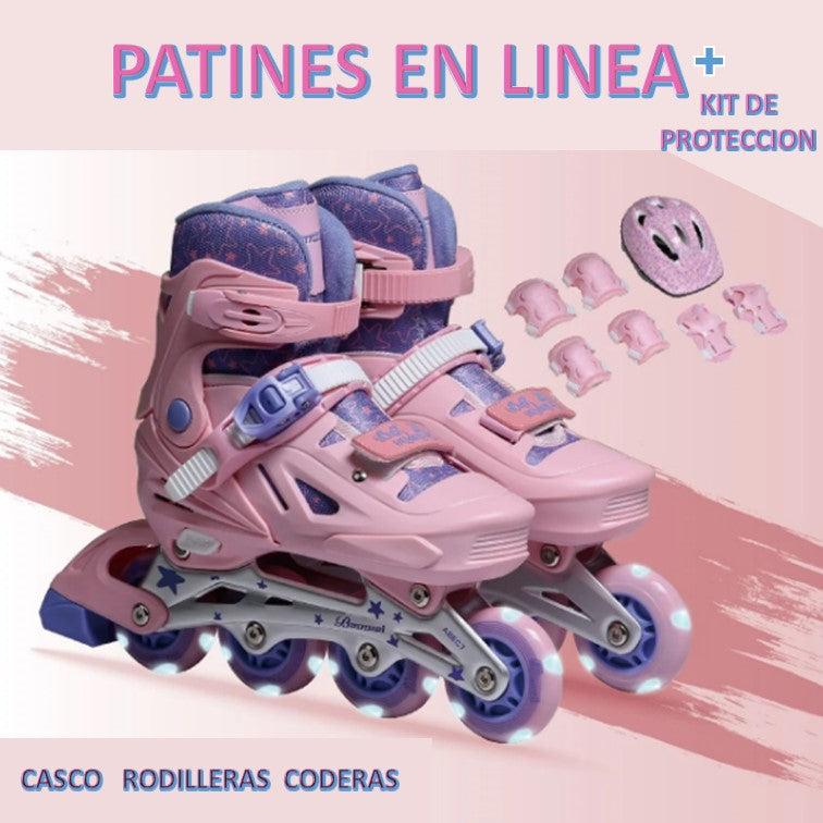 Patines en Línea para Niñas con Ruedas Iluminadas + Kit de Proteccion Casco Rodilleras Coderas
