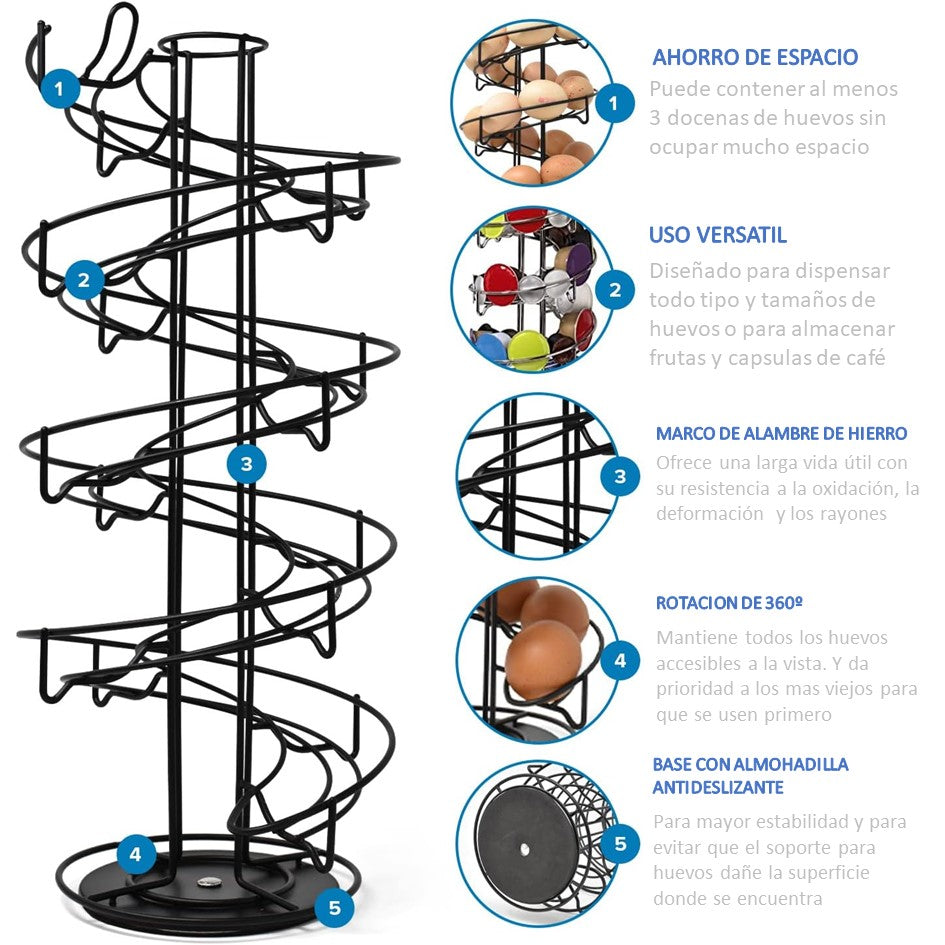 Rack de Cocina Espiral Organizador de Huevos Capsulas de Cafe