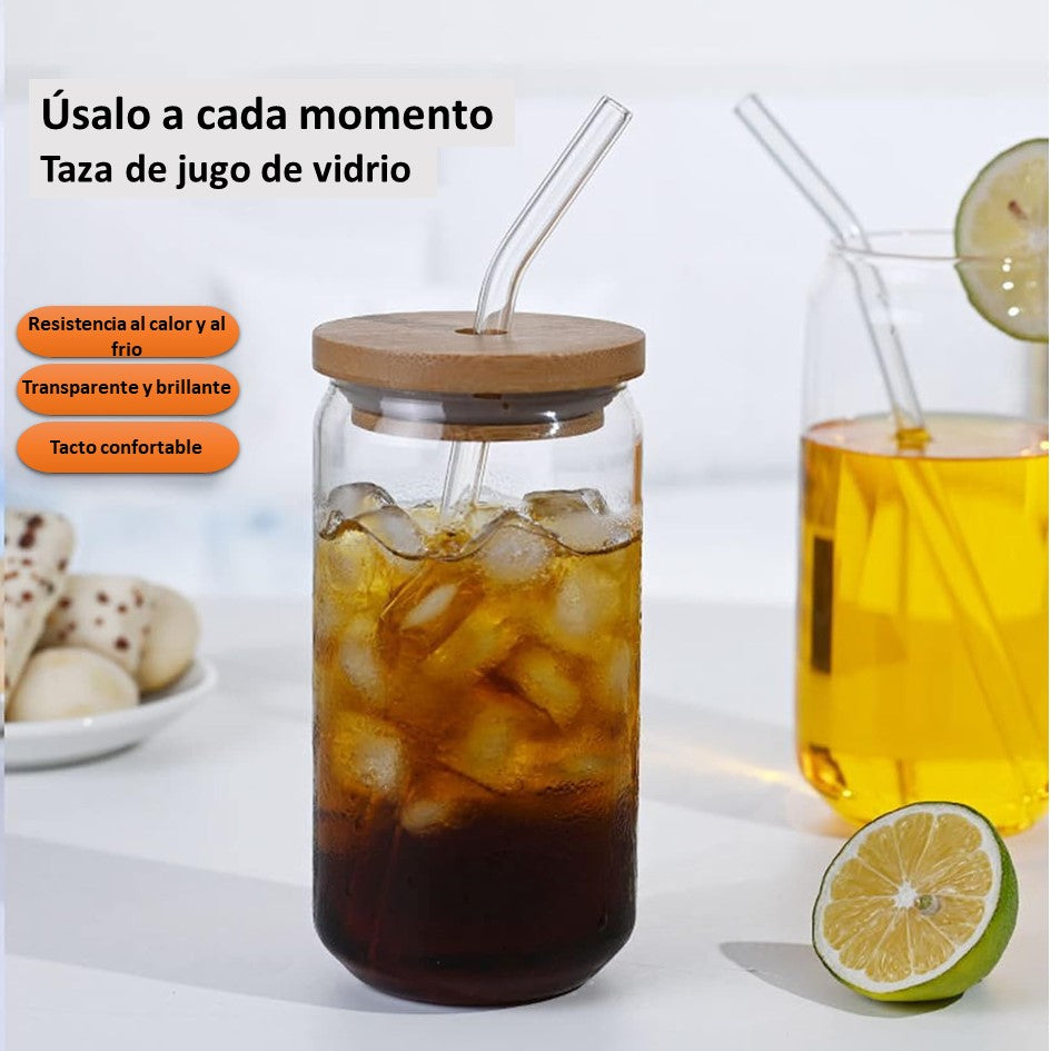 Vaso Lata de Vidrio con Tapa de Bambú y Bombilla 350ml Unidad