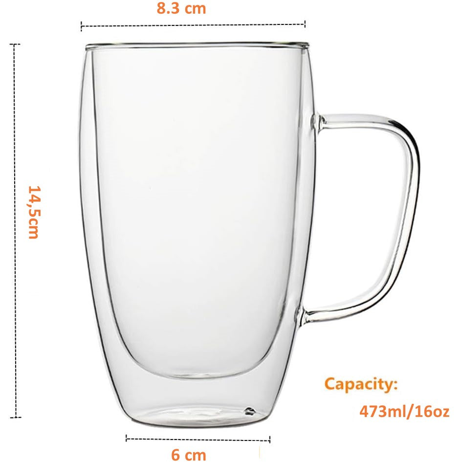 Mug Taza De Café 16oz 470ml Doble Pared Vidrio Vaso Termico