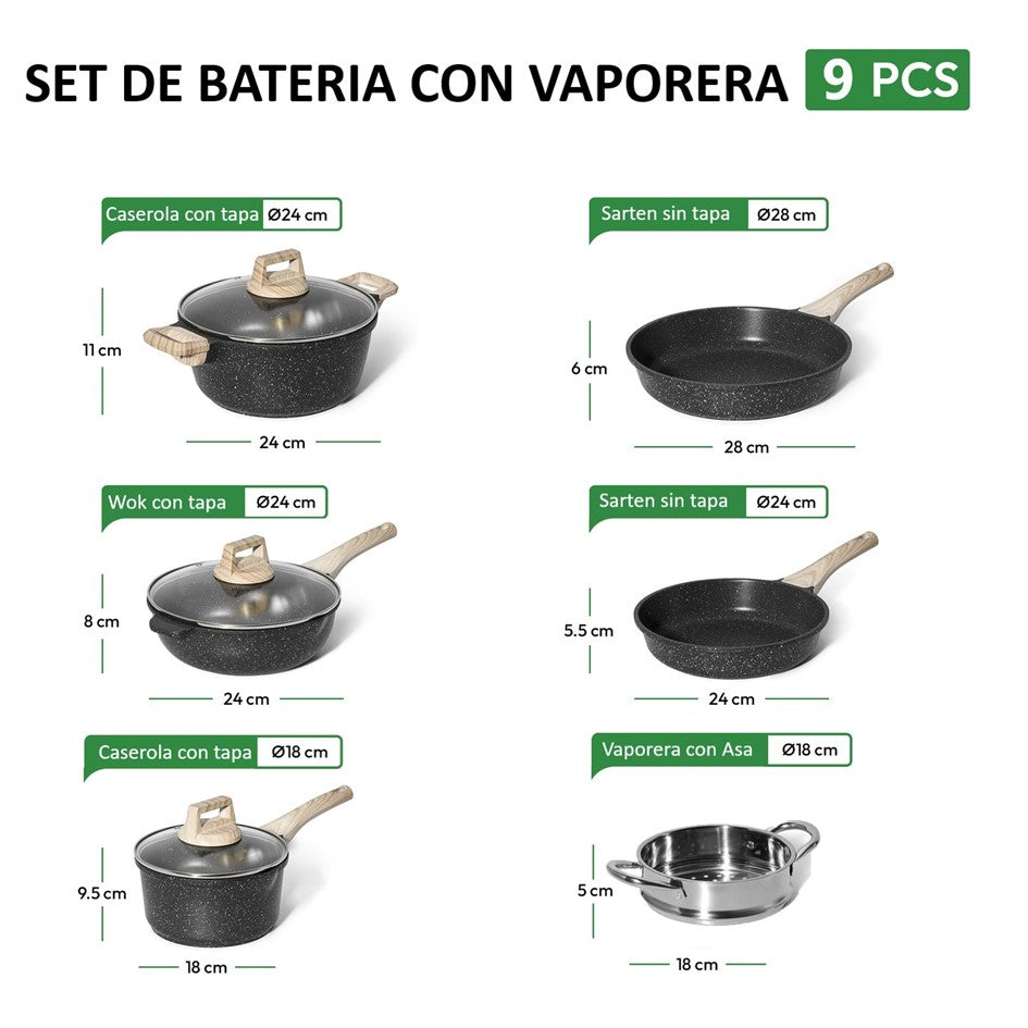 Bateria Cocina 9pzs Antiadherente Granito Profesional Ollas