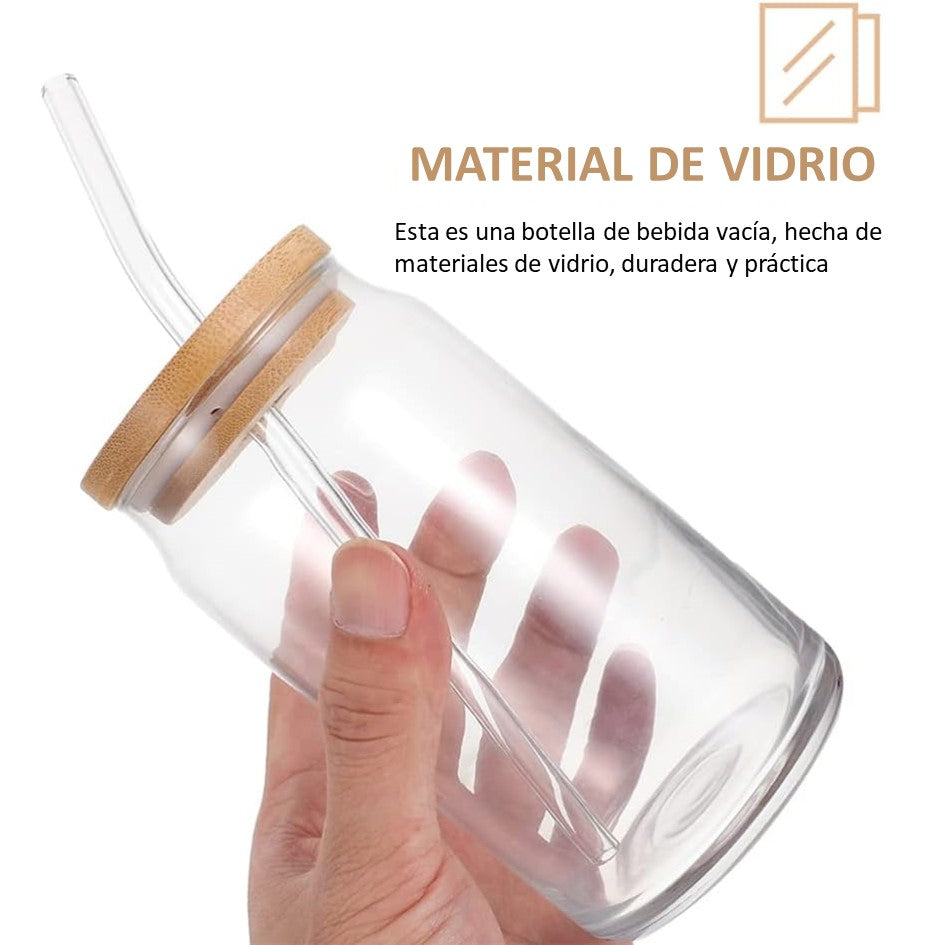 Vaso Lata de Vidrio con Tapa de Bambú y Bombilla 350ml Unidad