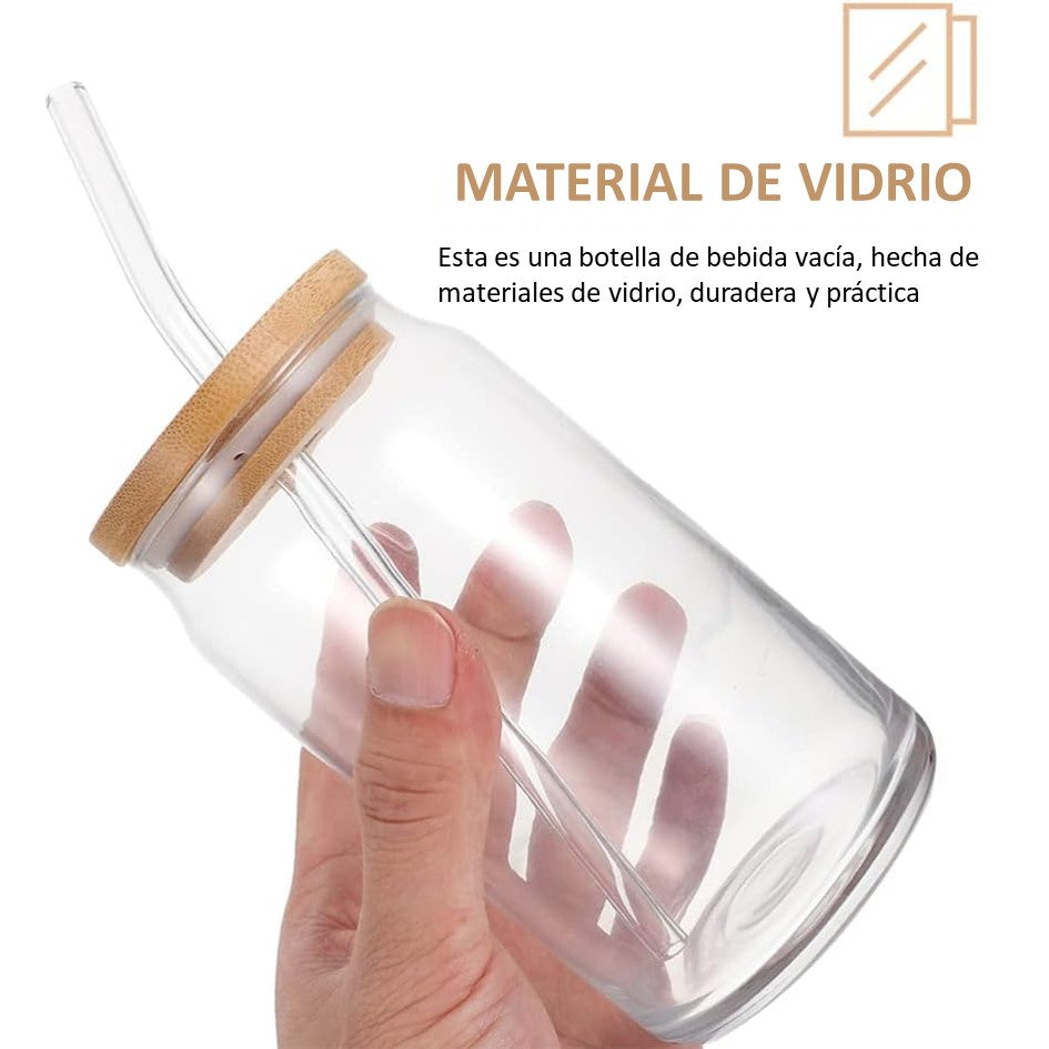 Vaso de Vidrio con Tapa de Bambú y Bombilla 550ml
