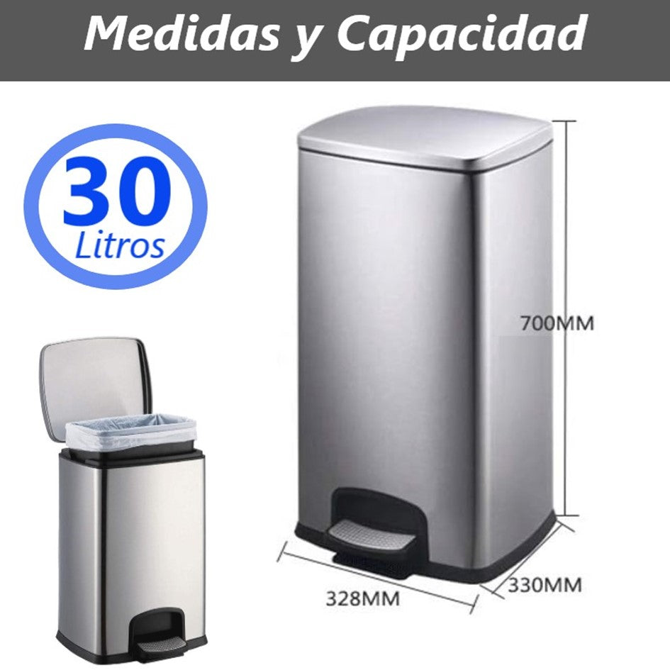 Cubo De Basura De Acero Inoxidable 30 Litros Hogar Oficina