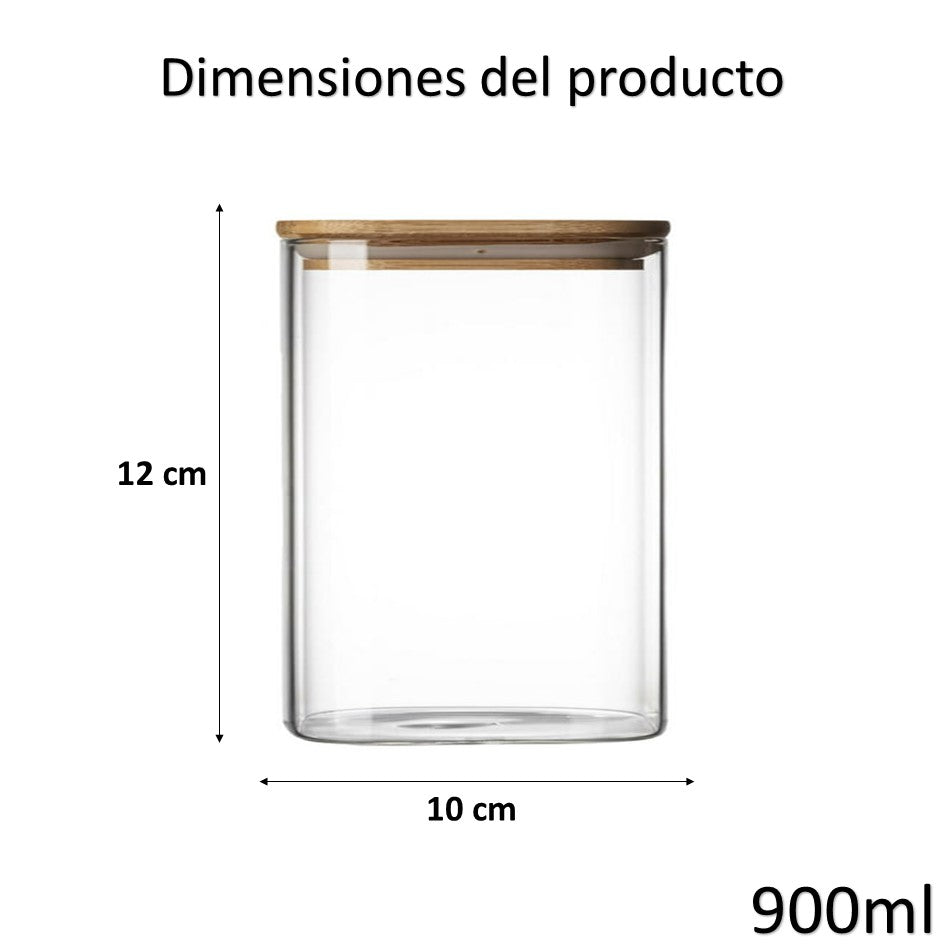 Tarro de Almacenamiento Hermético Recipiente de Vidrio Tapa de Bambú Contenedor de Alimentos 900ml