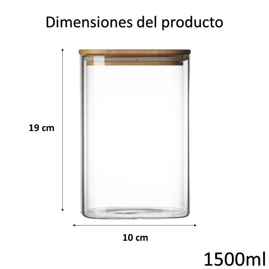 Tarro de Almacenamiento Hermético Recipiente de Vidrio Tapa de Bambú Contenedor de Alimentos 1500ml