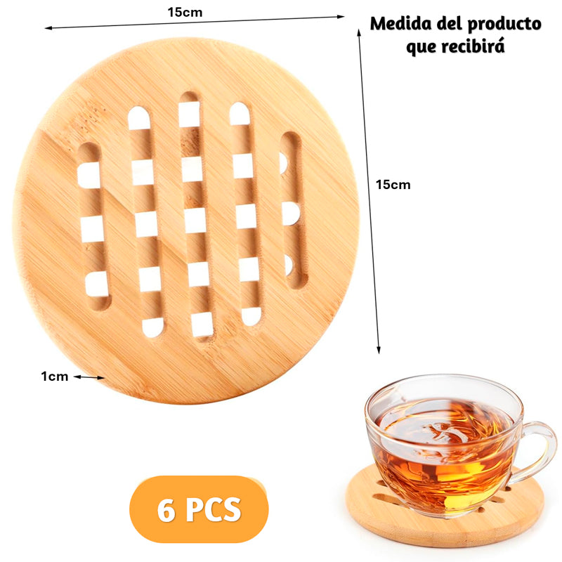 Set 6 Posavasos de Bambú Resistentes Calor Soportes Ollas Calientes Antideslizante Redondos