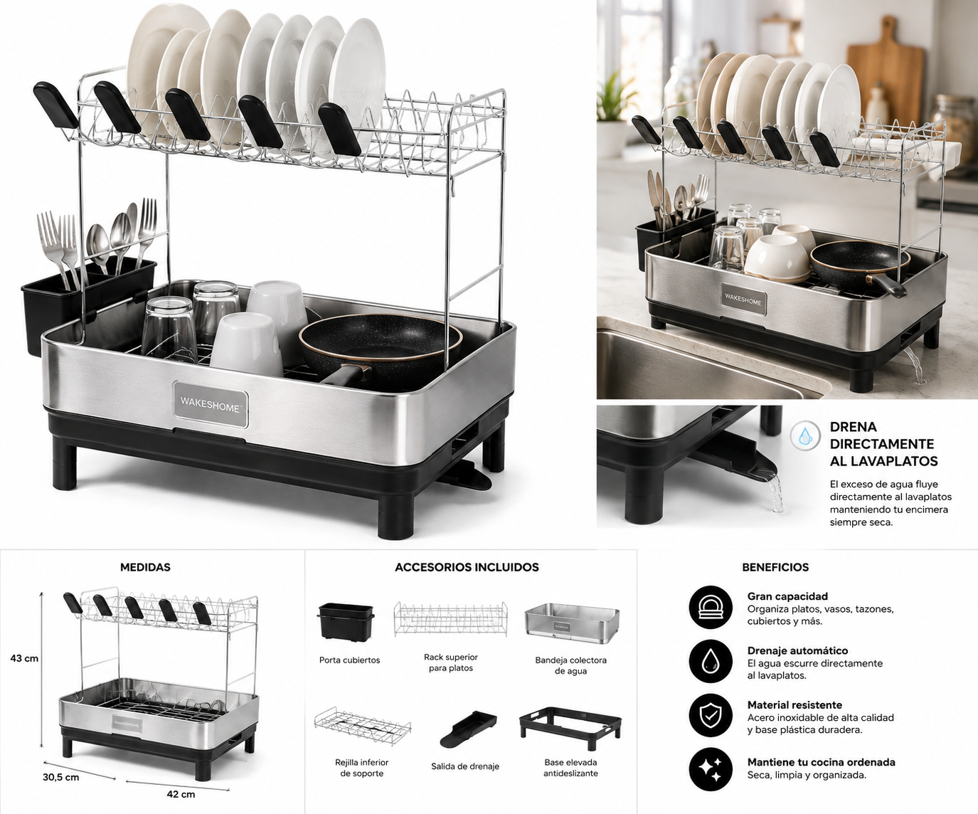Escurridor De Platos Inoxidable De 2 Niveles Organizador De Cocina