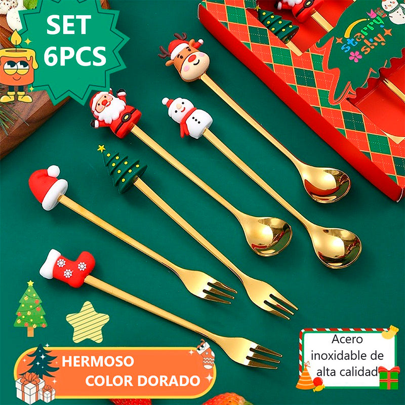 Decoración Navideña Set 6 Cubiertos Mesa Cuchara Y Tenedor Surtido