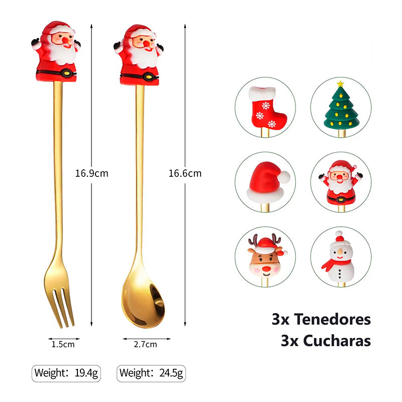 Decoración Navideña Set 6 Cubiertos Mesa Cuchara Y Tenedor Surtido