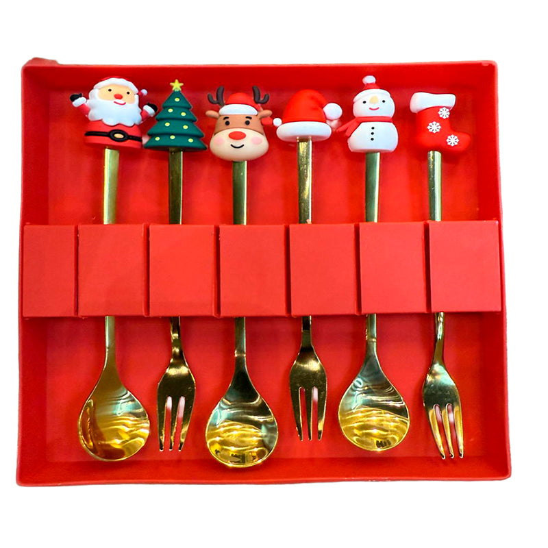 Decoración Navideña Set 6 Cubiertos Mesa Cuchara Y Tenedor Surtido