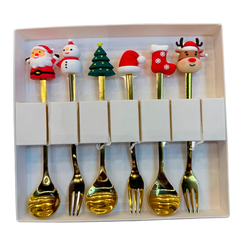Decoración Navideña Set 6 Cubiertos Mesa Cuchara Y Tenedor Surtido