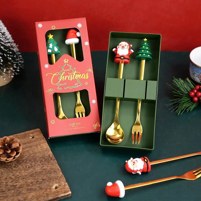 2 Cubiertos Navideños Cuchara Tenedor Para Decoración Mesa