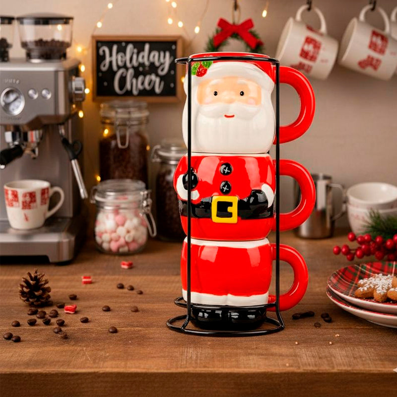 Set 3 Tazas De Cafe Mug De Viejito Pascuero Adorno Navidad Rojo