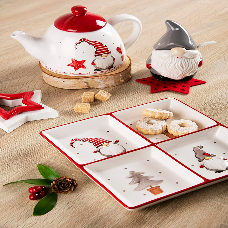 Plato Aperitivo Navideño 4 Compartimentos Gnomos Cerámica 19 Gnomo