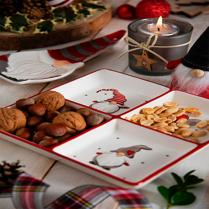 Plato Aperitivo Navideño 4 Compartimentos Gnomos Cerámica 19 Gnomo
