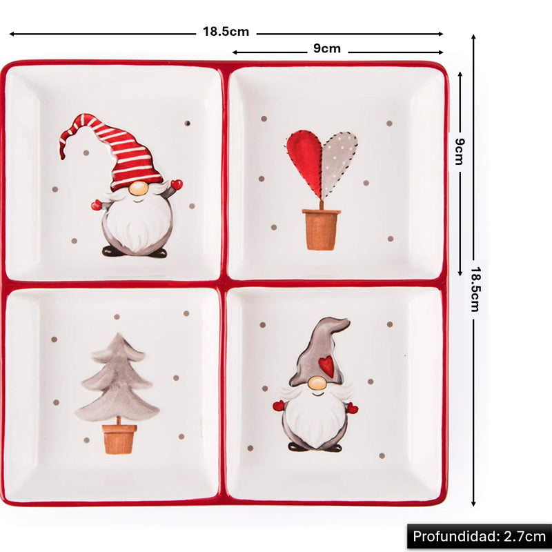 Plato Aperitivo Navideño 4 Compartimentos Gnomos Cerámica 19 Gnomo