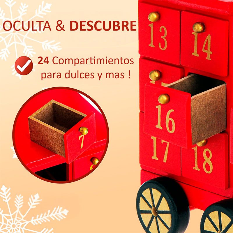 Calendario De Adviento De Tren De Madera Navidad 24 Cajones Rojo