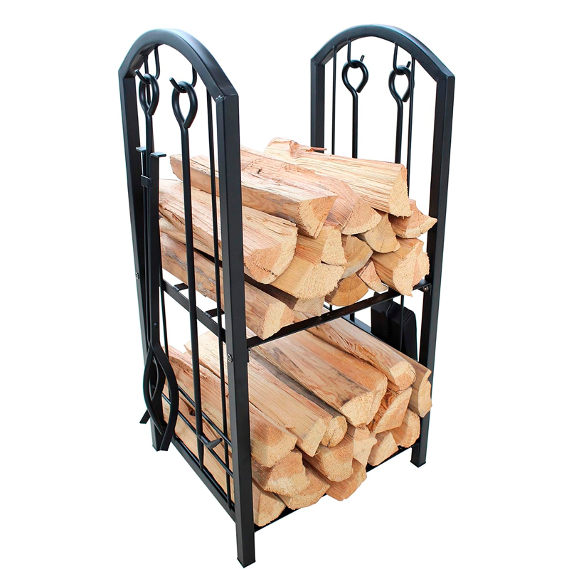 Estante de Leña para Chimenea con 4 Herramientas Interiores y Exteriores