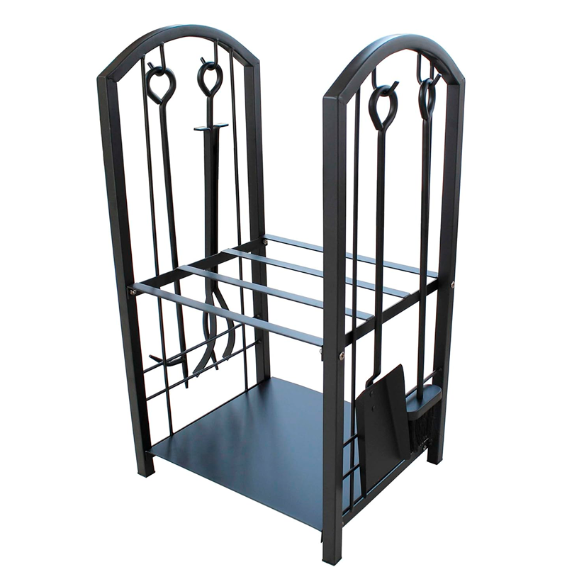 Estante de Leña para Chimenea con 4 Herramientas Interiores y Exteriores