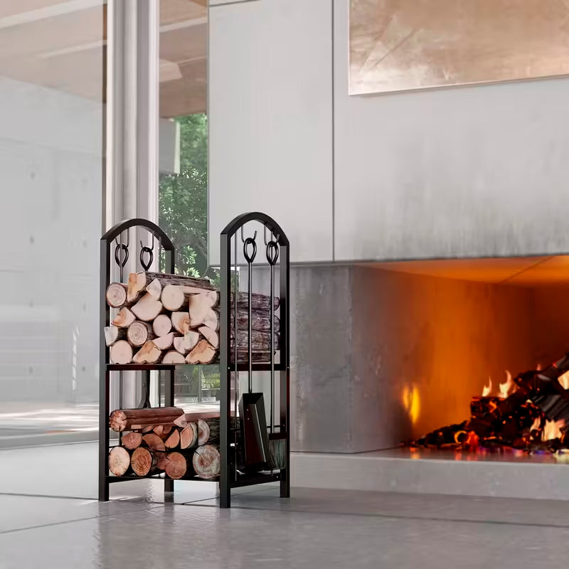 Estante de Leña para Chimenea con 4 Herramientas Interiores y Exteriores