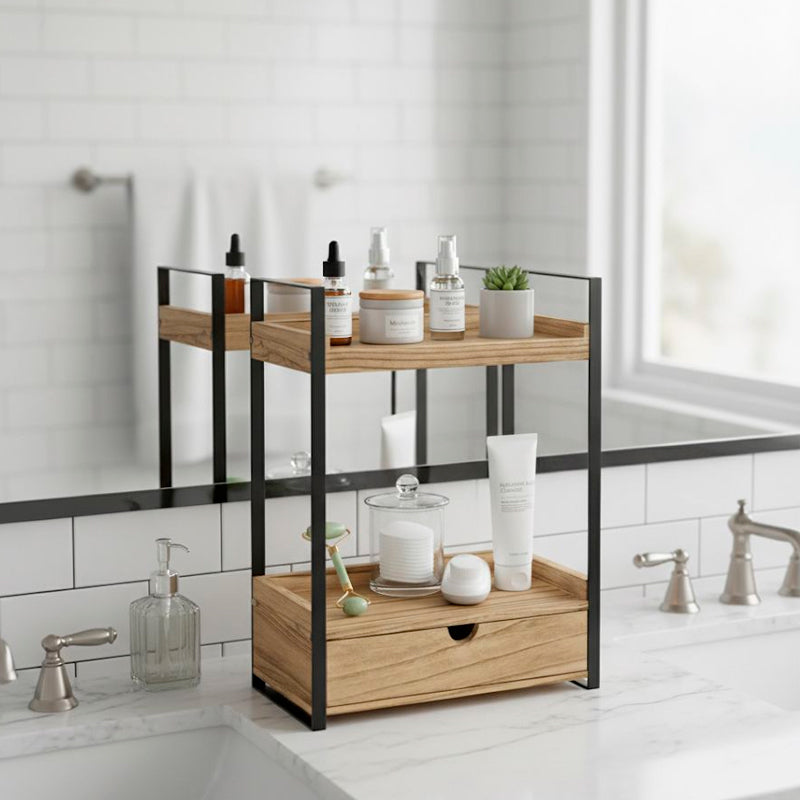 Organizador de Baño Cocina 2 Niveles con Cajon para Encimera Hogar Madera