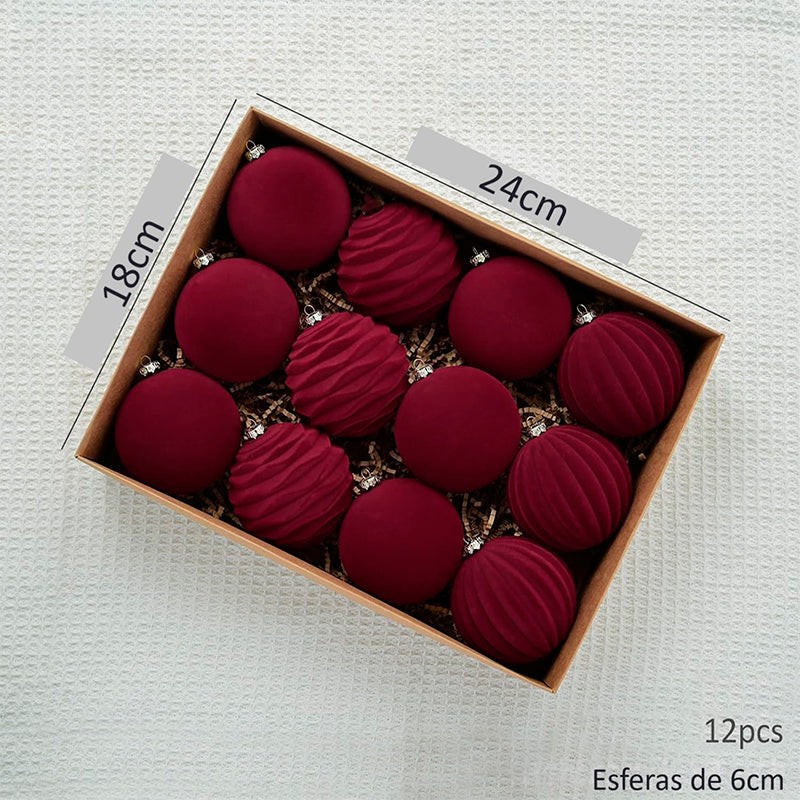 Pack 12 Esferas Bambalinas De Terciopelo Adornos Navidad Rojo Verde