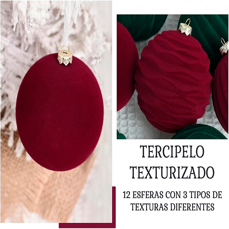 Pack 12 Esferas Bambalinas De Terciopelo Adornos Navidad Rojo Verde